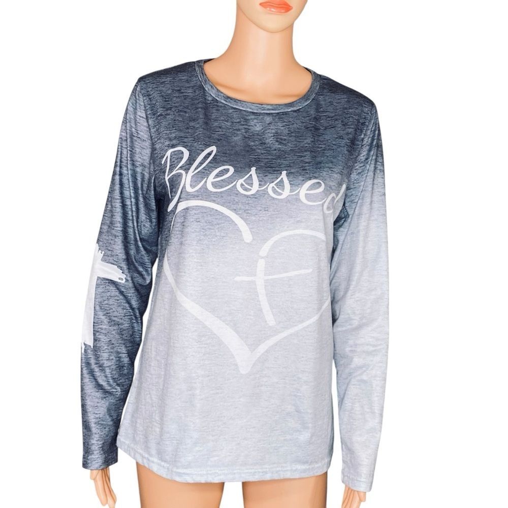Ombre Tie Dye Tee Long Sleeve SZ Small Blessed Heart Cross Graphic Casual
